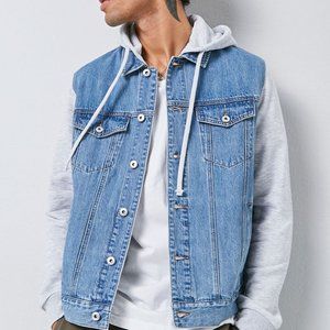 Forever 21 Combo Hooded Denim Collar Jacket Chest Flap Pockets Long Sleeve L